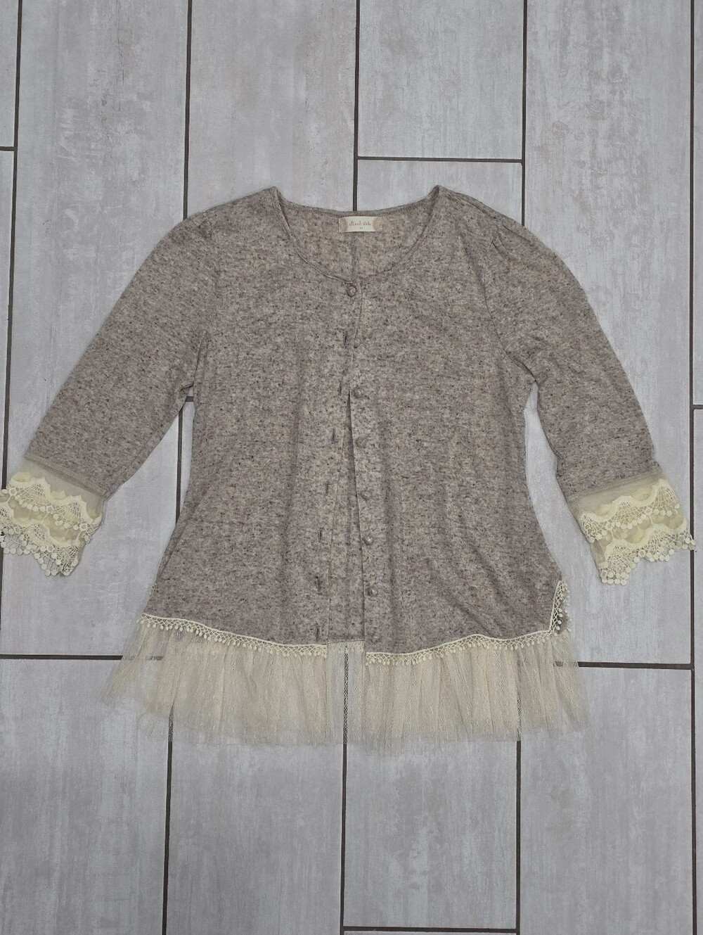 ALTAR'D STATE Cotton Linen Boho Lace Trim Button Tunic Brown Cardigan Sweater